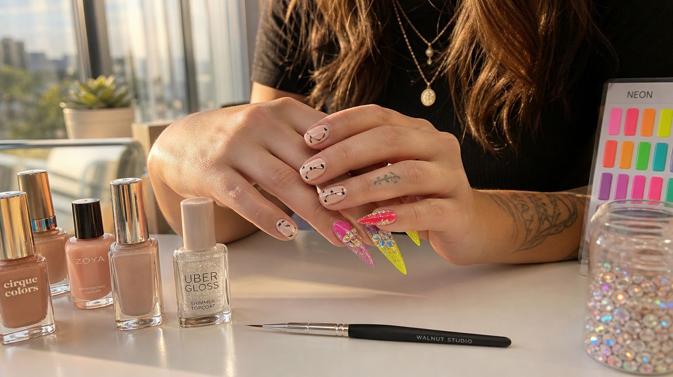 Mãos femininas com unhas decoradas em duas mãos, esmaltes nude e coloridos, pincel e acessórios de unha.