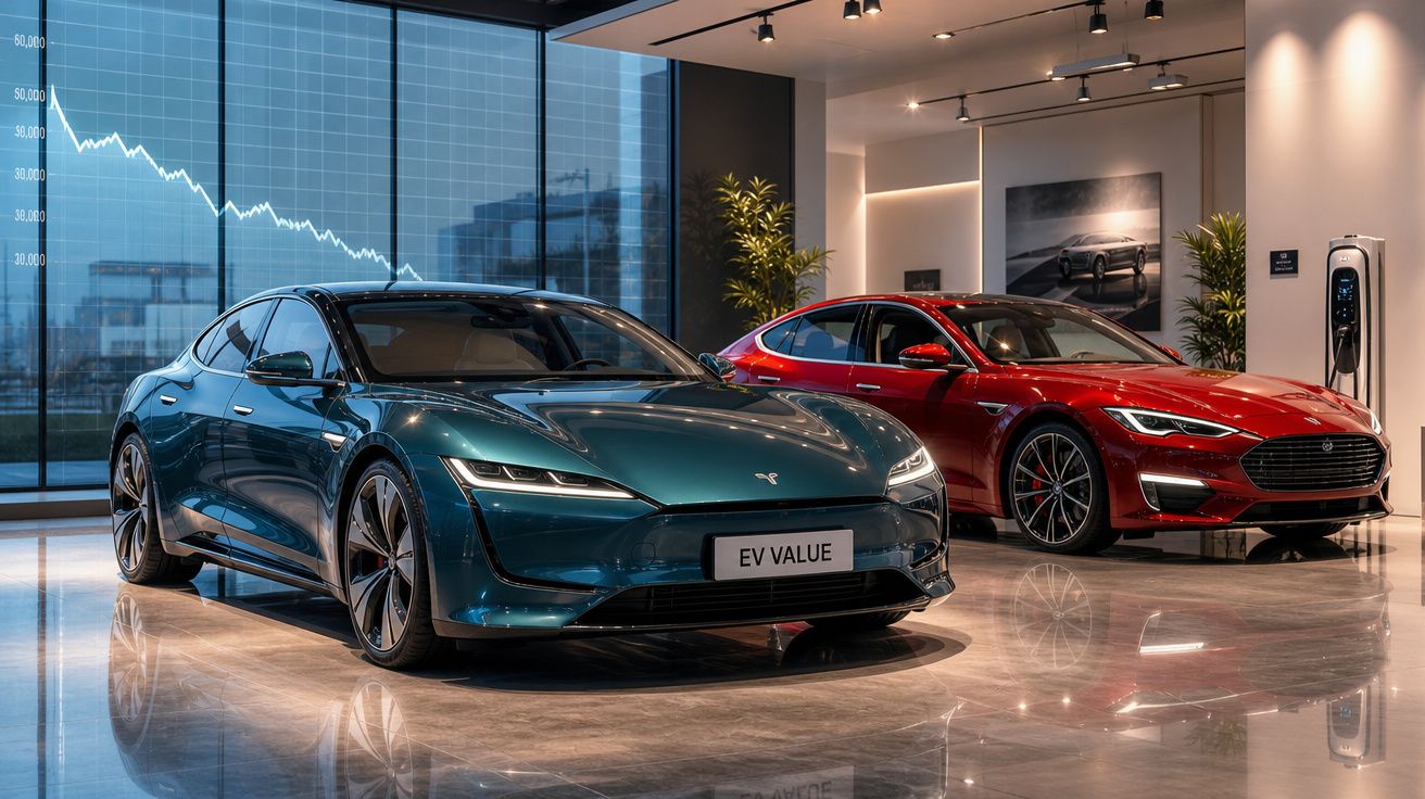 Dois carros elétricos esportivos estacionados em showroom moderno com vidro grande ao fundo e gráfico financeiro projetado.