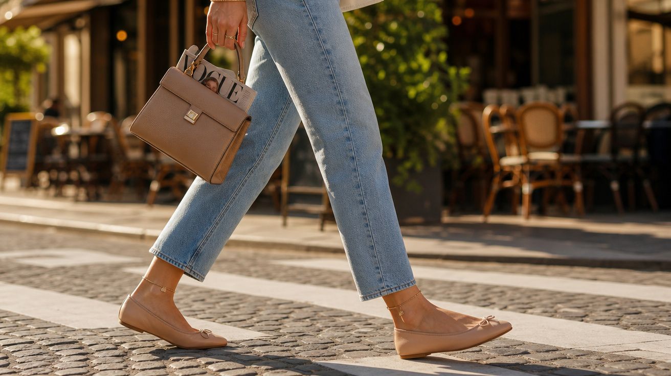 Pessoa caminhando com calça jeans e sapatilhas bege, segurando bolsa e jornal na calçada de pedra.