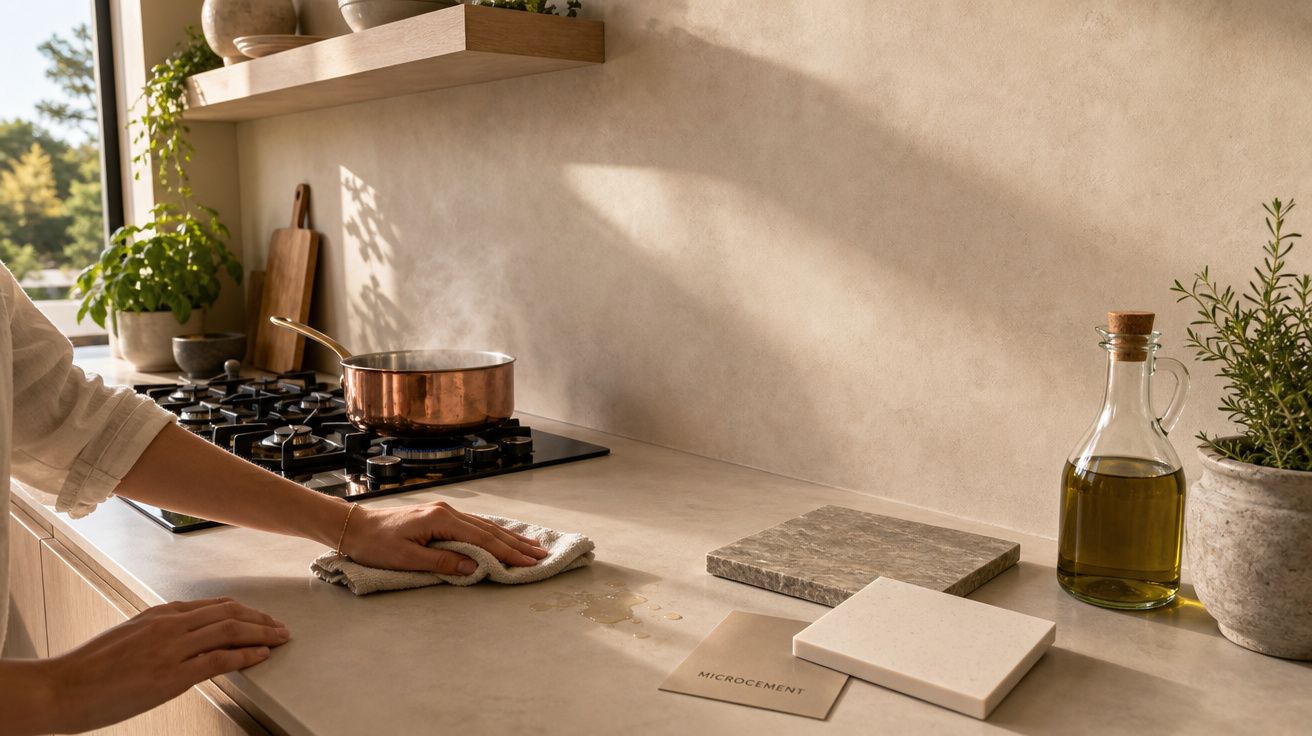 Pessoa limpando bancada de cozinha clara com pano, fogão com panela e plantas decorativas próximas à janela.
