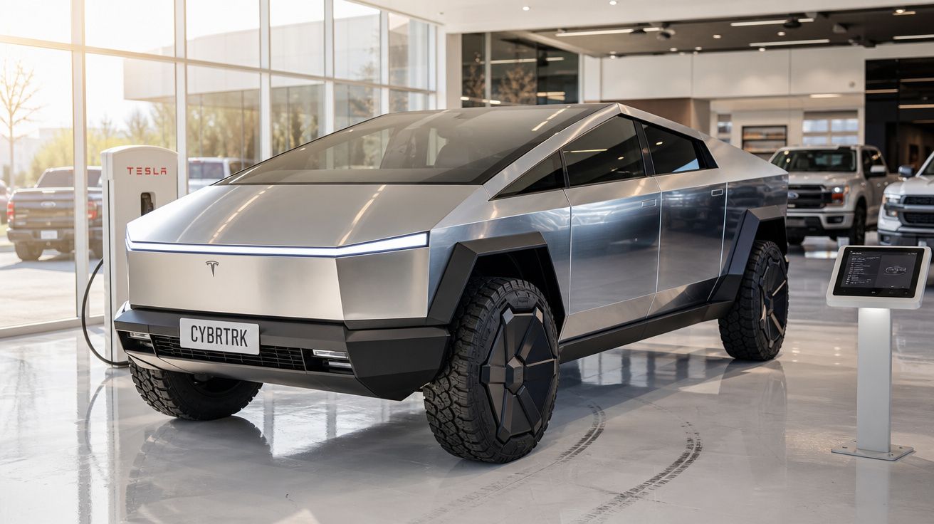 Tesla Cybertruck prata estacionado em showroom moderno com carregador elétrico ao fundo.