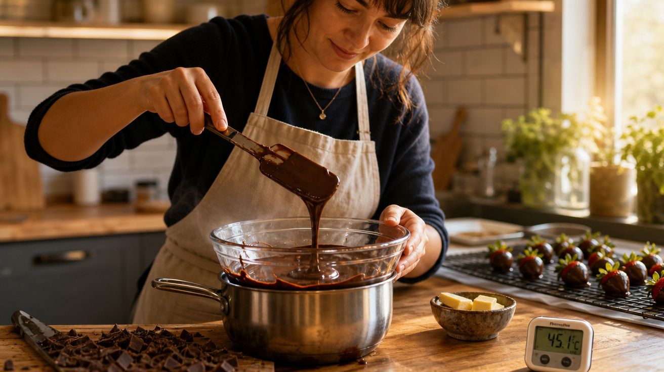 Mulher preparando chocolate derretido em cozinha, com morangos cobertos ao fundo.