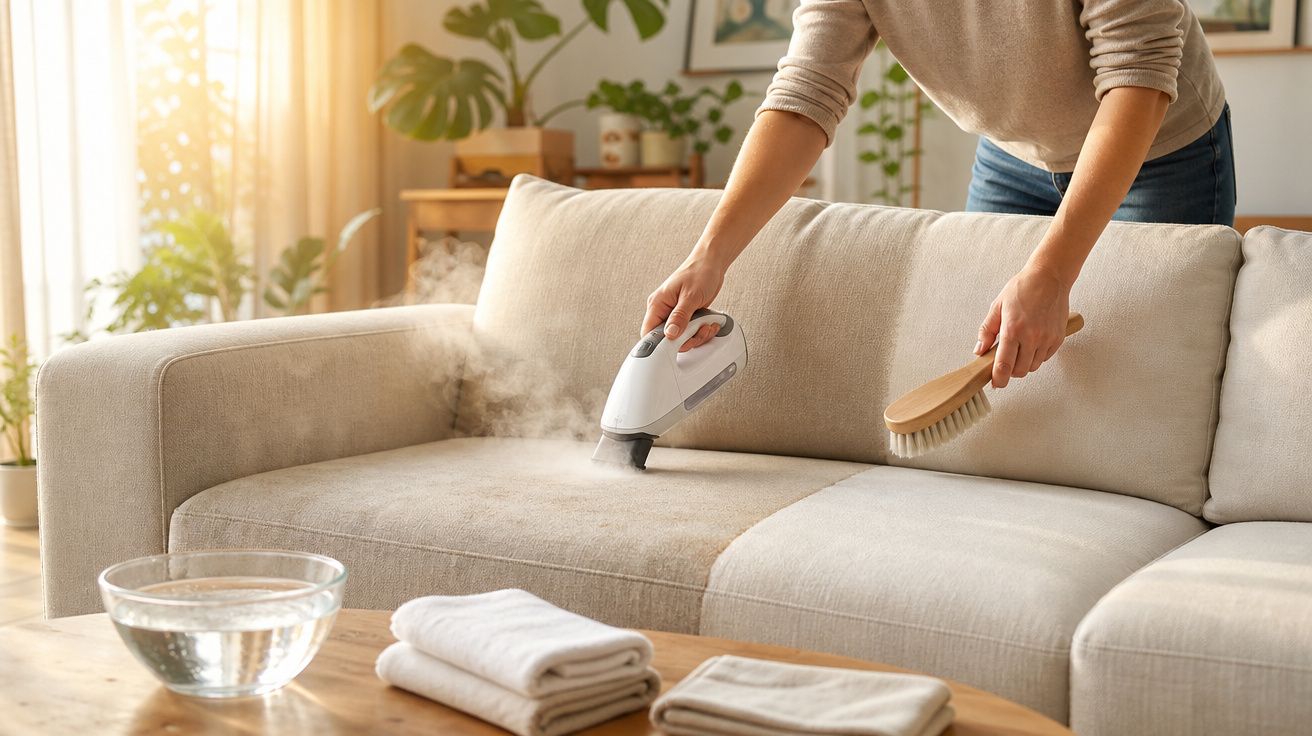 Pessoa limpando sofá bege com vaporizador e escova em sala iluminada com plantas ao fundo.