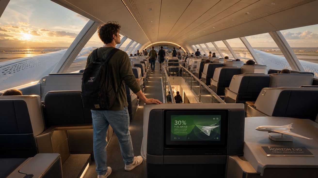 Interior moderno de avião futurista com passageiros e vista para o pôr do sol através das janelas panorâmicas