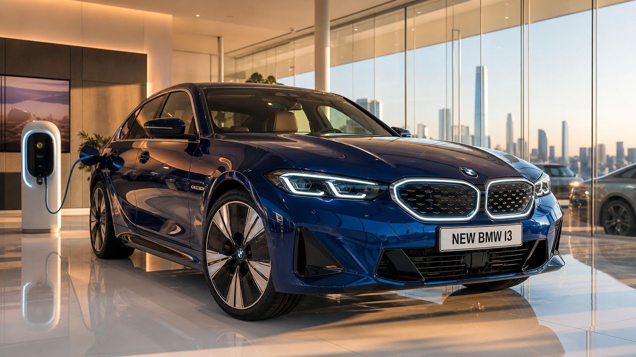 Carro elétrico BMW i3 novo na cor azul em showroom moderno com carregador ao lado e vista urbana ao fundo.