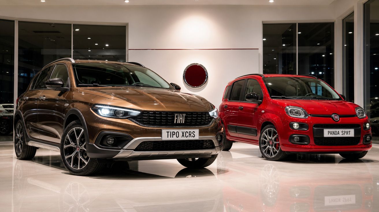 Dois carros Fiat, marrom Tipo XCRS à esquerda e vermelho Panda SPRT à direita, em showroom iluminado.