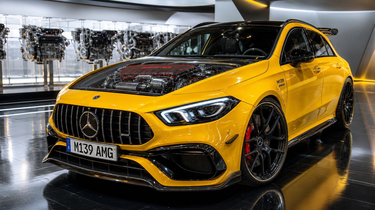 Carro esportivo amarelo Mercedes-AMG com motor exposto e rodas pretas exibido em showroom moderno.