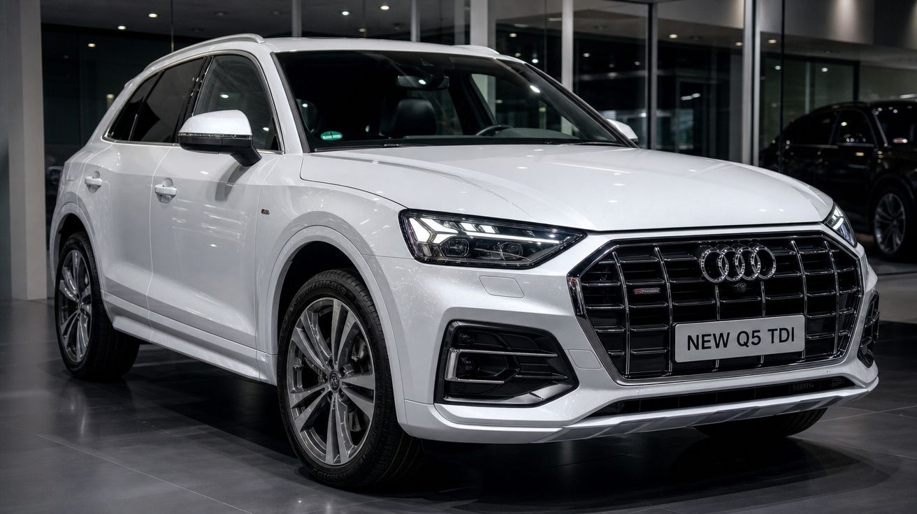 SUV Audi Q5 branco em exposição, com faróis ligados e detalhes cromados na grade frontal.