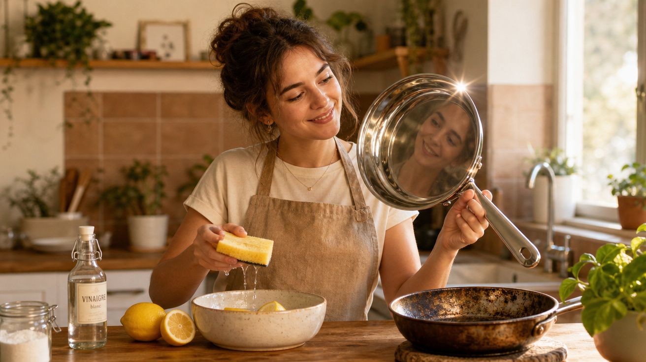 Mulher sorrindo lava frigideira com esponja em cozinha iluminada, ao lado de vinagre e limões.