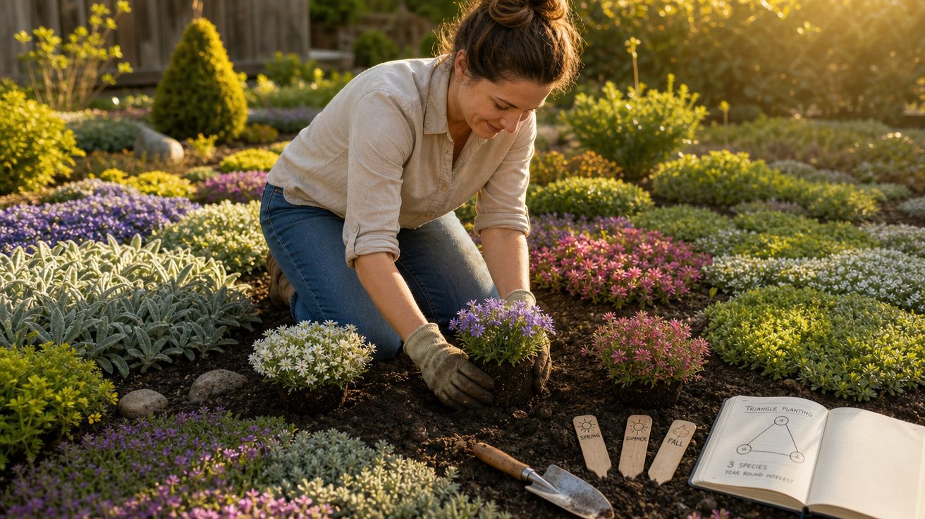 Mulher plantando flores em jardim organizado em padrões circulares sob luz do sol ao entardecer.