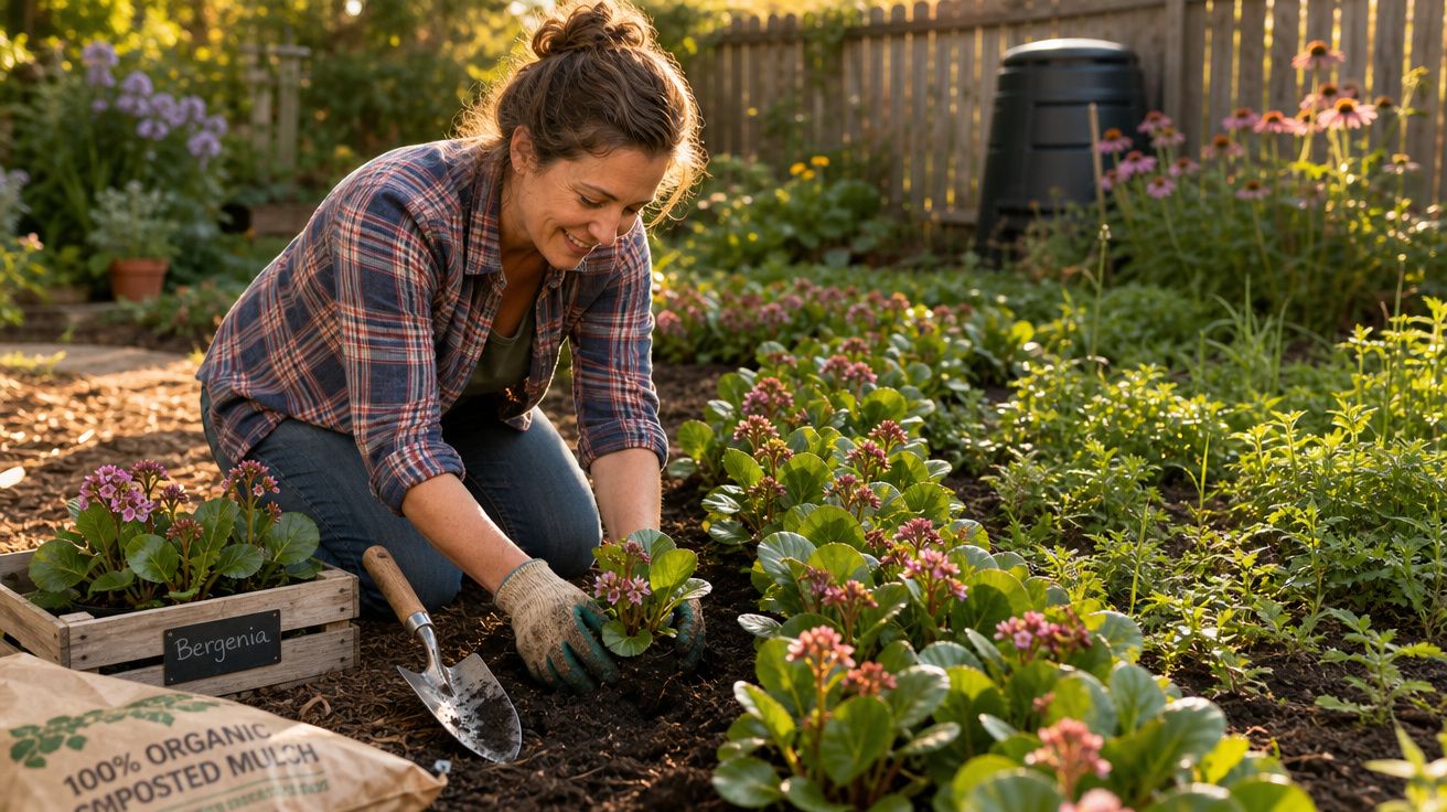 Mulher plantando flores em jardim com luvas e caixa de mudas em ambiente externo ao entardecer.