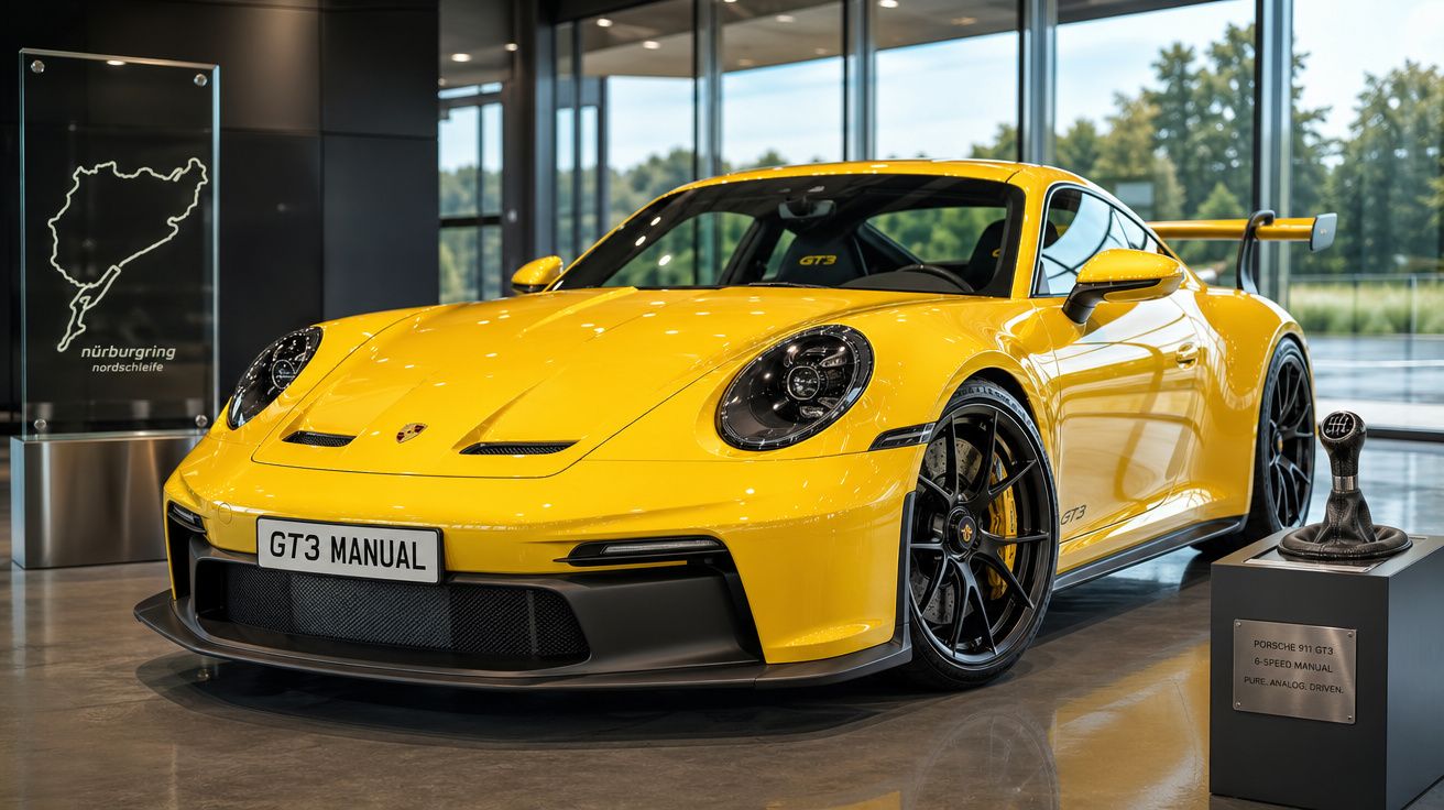 Carro esportivo Porsche 911 GT3 amarelo em exposição interna com placa "GT3 MANUAL".
