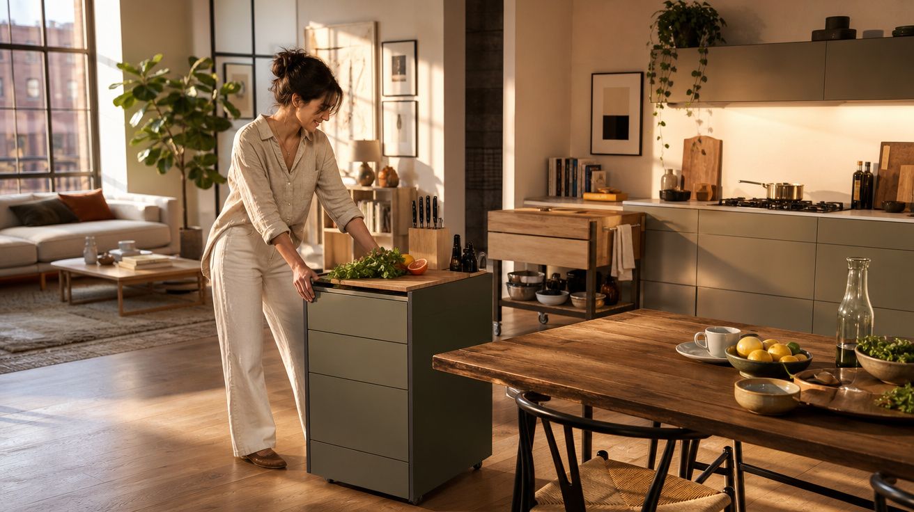 Mulher jovem empurra carrinho de cozinha verde em cozinha moderna com mesa de madeira e sala ao fundo.