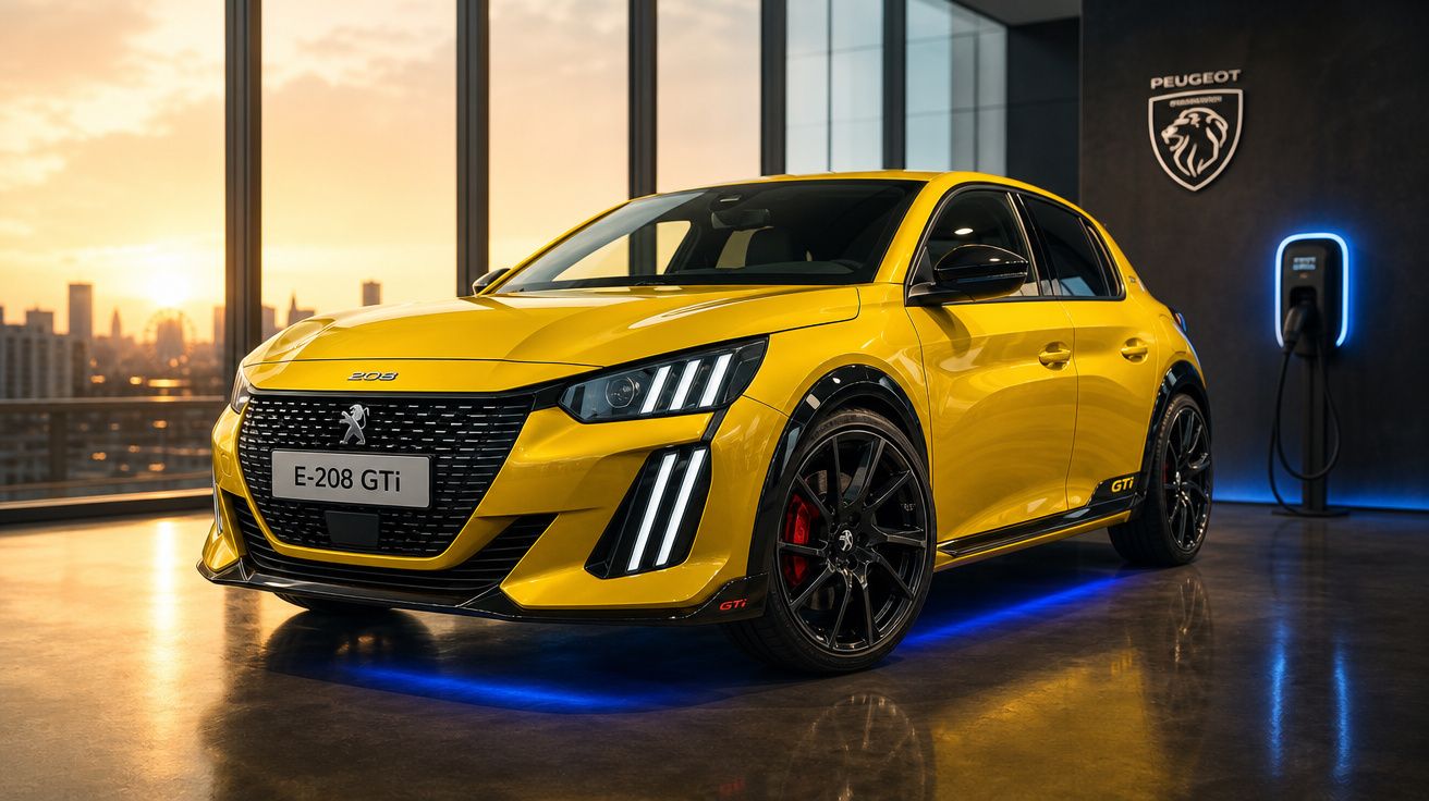 Peugeot E-208 GTi amarelo em interior moderno com luzes de LED azuis no piso, ao pôr do sol.