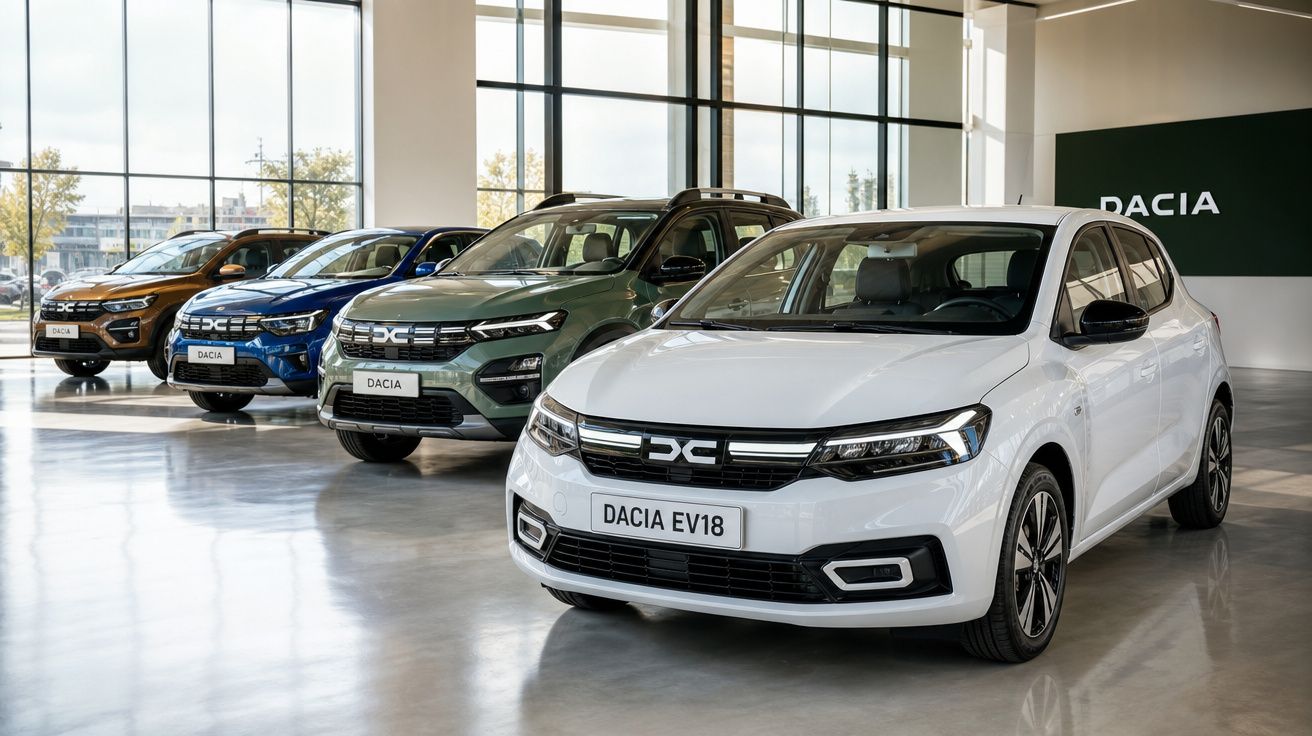 Concessionária com quatro carros Dacia de diferentes cores alinhados em fila em ambiente interno iluminado.