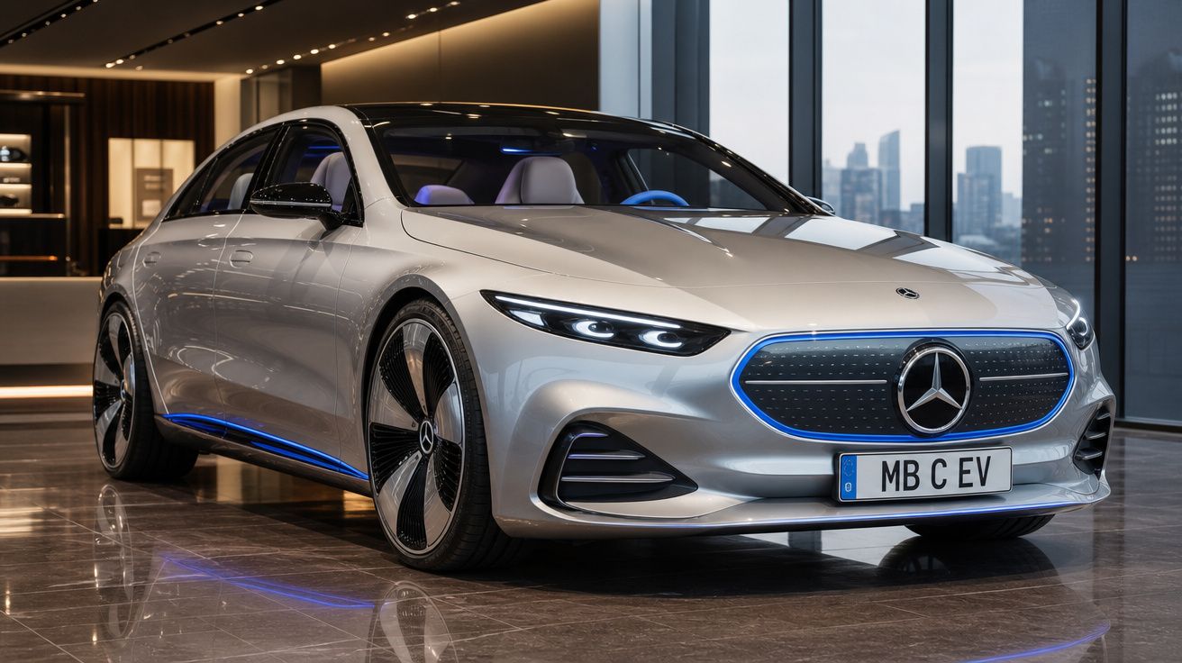 Carro Mercedes-Benz elétrico prata com detalhes azuis em showroom moderno com grandes janelas e vista urbana.