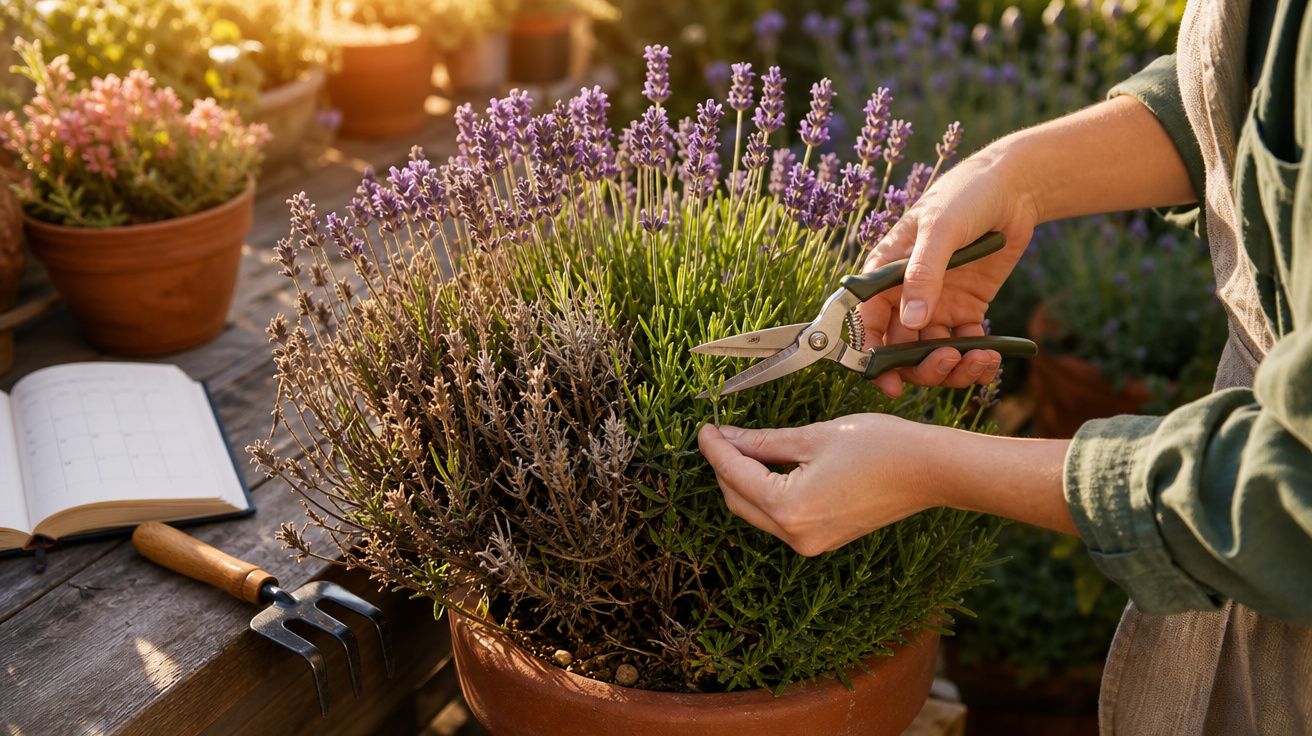Pessoa podando plantas de lavanda com tesoura de jardinagem, ao ar livre, em vaso de barro.