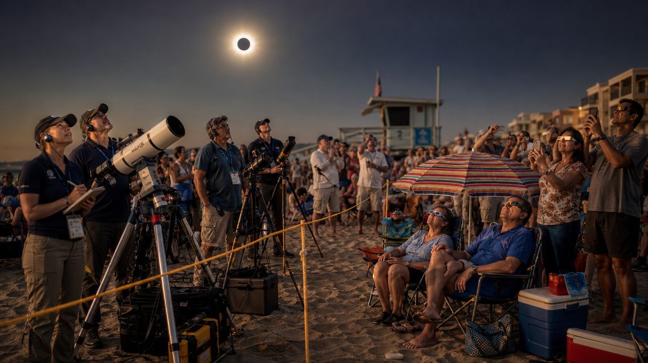 Pessoas na praia observando e fotografando o eclipse solar total ao entardecer.