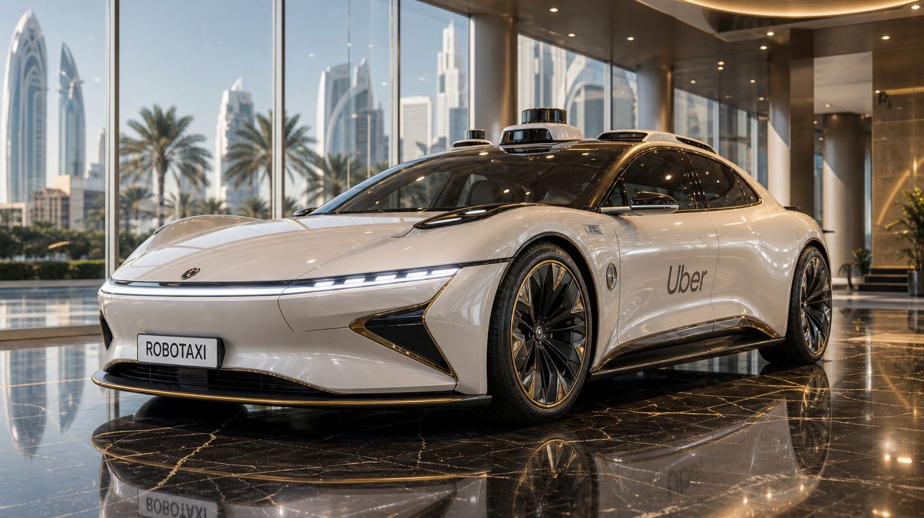 Carro robô táxi da Uber branco com sensores no teto em ambiente interno com vidro e vista urbana.