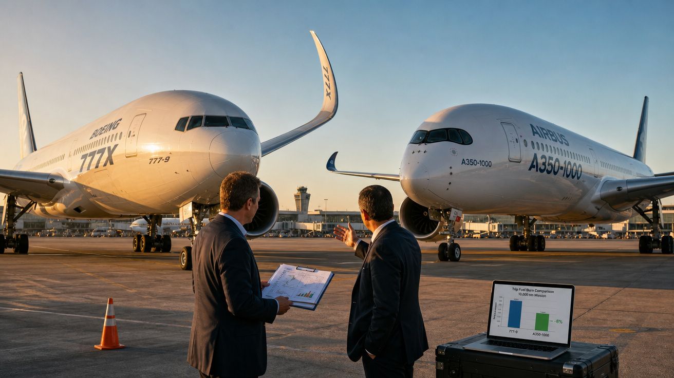 Dois homens de terno observam e comparam aviões Boeing 777X e Airbus A350-1000 no aeroporto ao entardecer.