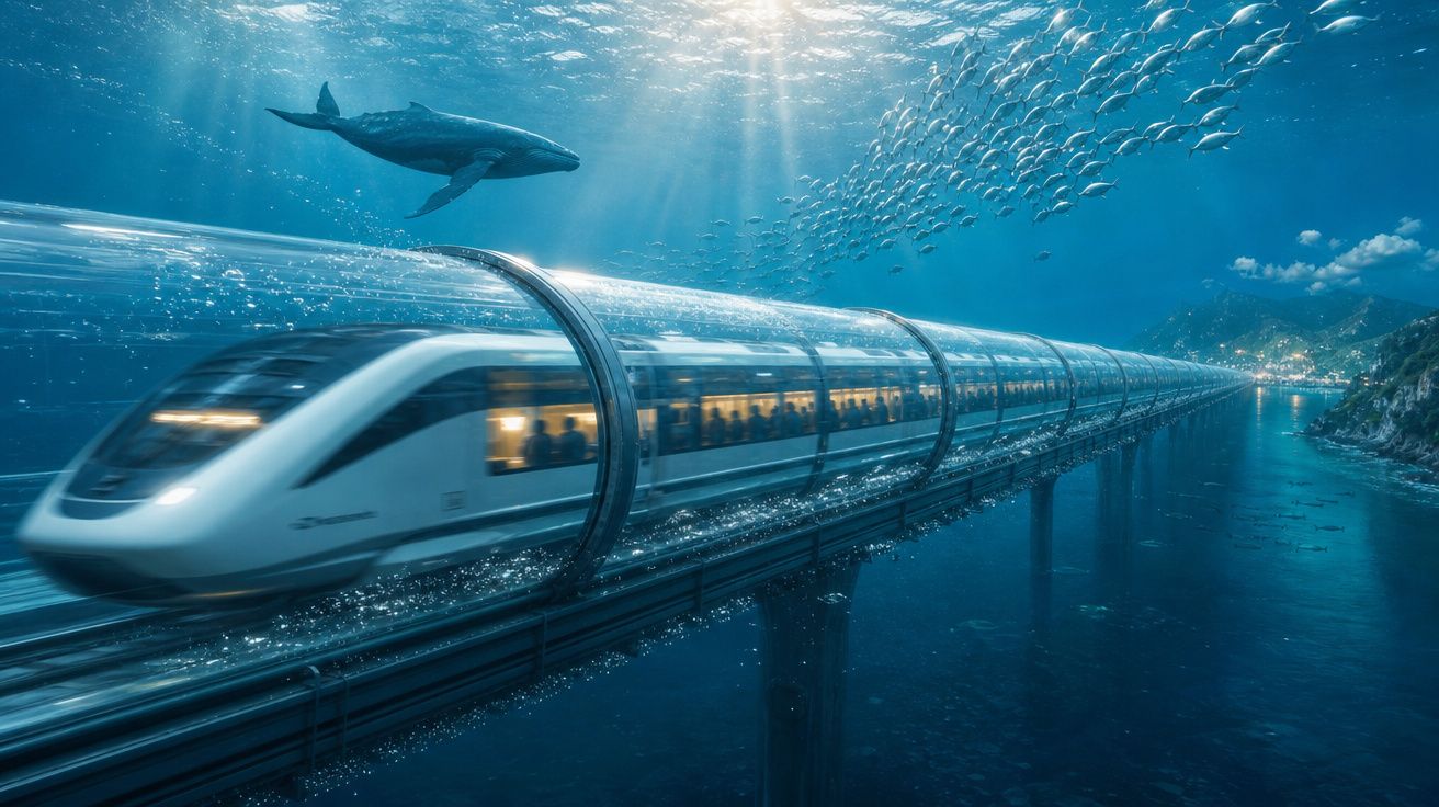 Trem futurista transparente viajando por túnel subaquático com baleia e cardume de peixes ao redor.