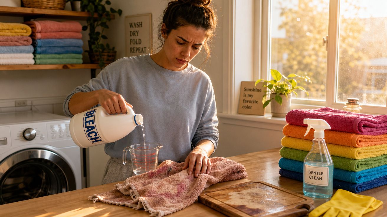 Mulher despejando alvejante em copo medidor na cozinha ao lado de toalhas coloridas dobradas.