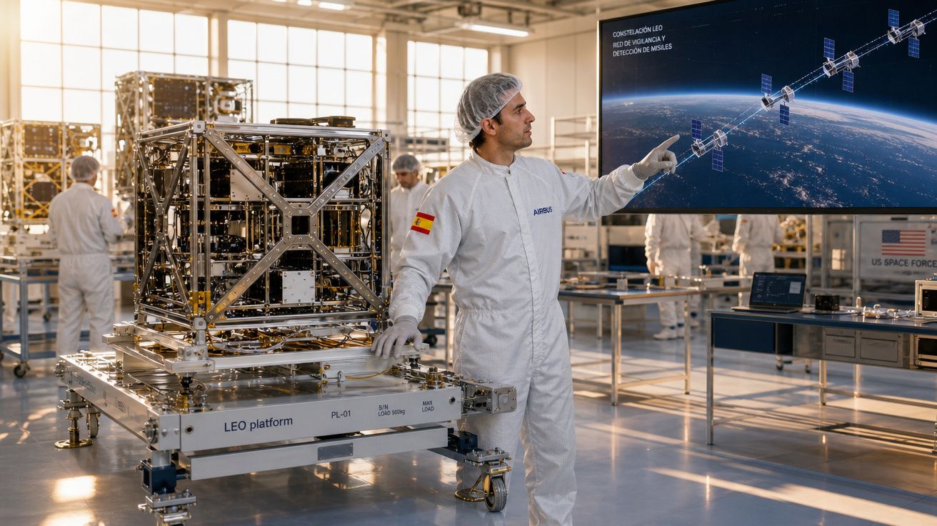 Engenheiro em macacão branco aponta para tela com satélites em laboratório de tecnologia espacial.