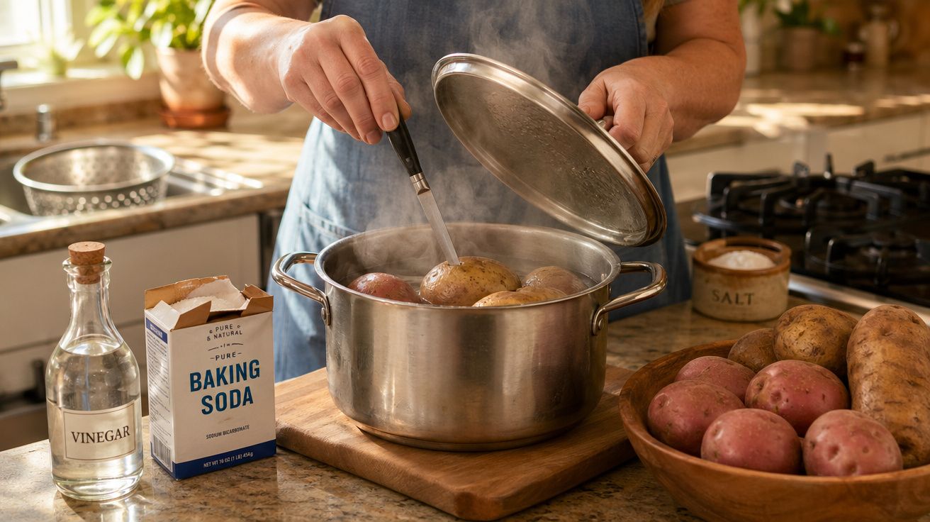 Pessoa cozinhando batatas em panela com tampa, ao lado de recipiente de vinagre e bicarbonato de sódio na cozinha.
