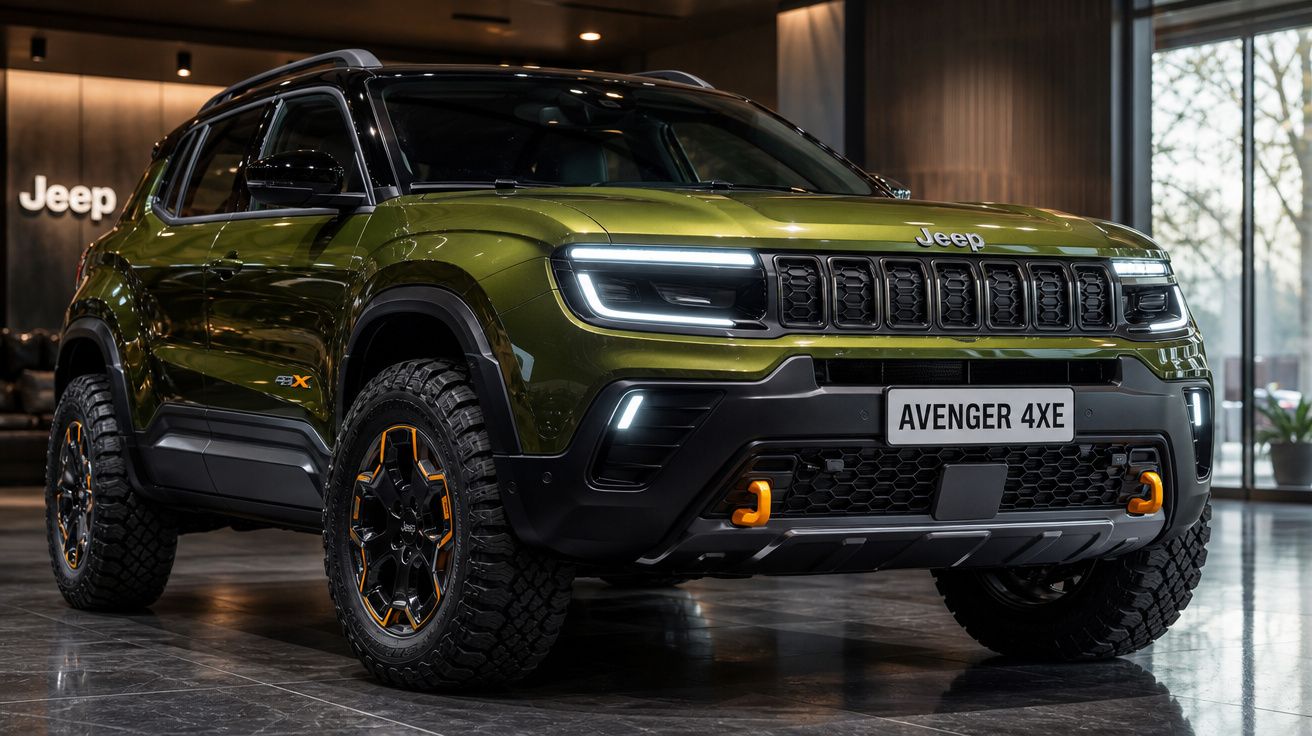 Jeep Avenger 4XE verde em exposição com faróis acesos em ambiente interno moderno.