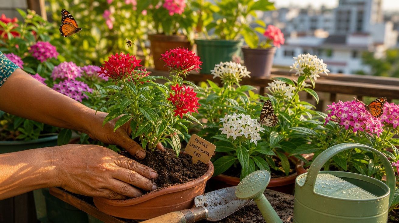 Mãos plantando flores vermelhas em vaso, cercadas por outras flores coloridas, regador e borboletas em varanda.