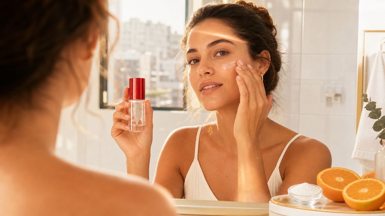 Mulher aplicando creme facial, segurando frasco transparente com tampa vermelha, diante do espelho no banheiro.