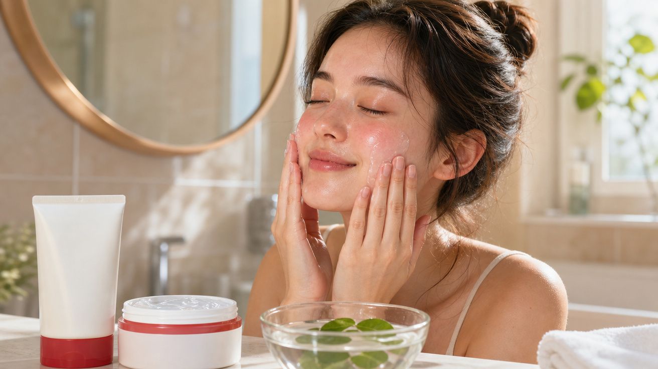 Mulher aplicando creme facial em ambiente de banheiro iluminado, com produtos de cuidado e espelho ao fundo.