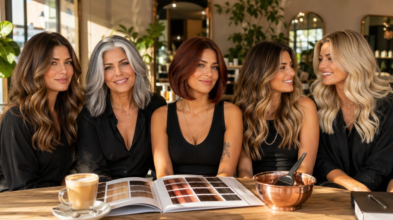 Cinco mulheres sorrindo sentadas à mesa de salão de beleza com catálogo de cores de cabelo aberto.