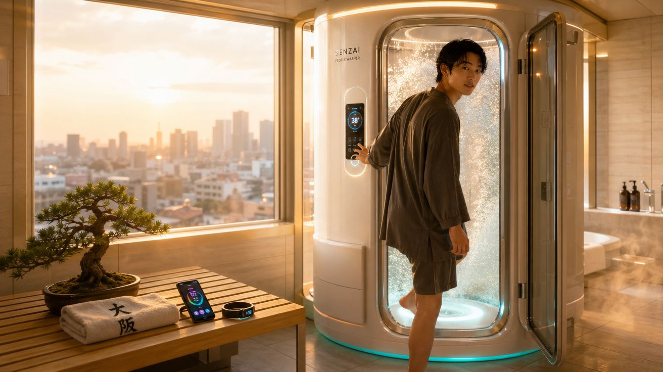 Homem sai de cabine futurista de sauna em banheiro com vista da cidade ao pôr do sol.
