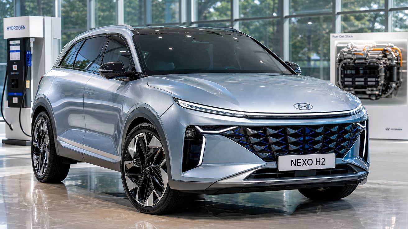 Hyundai Nexo H2 prata, SUV elétrico a hidrogênio, em showroom moderno com estação de recarga ao fundo.