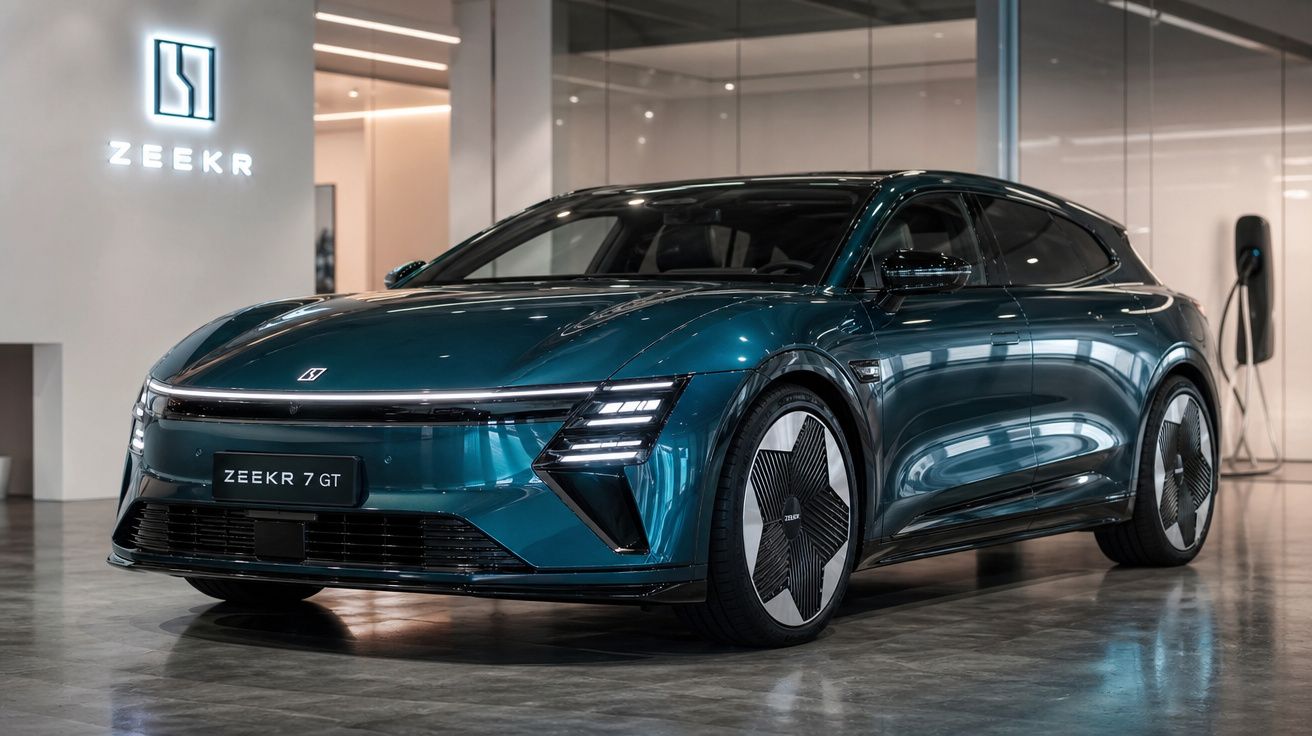 Carro elétrico Zeekr 7 GT azul em showroom moderno com iluminação branca e paredes de vidro.