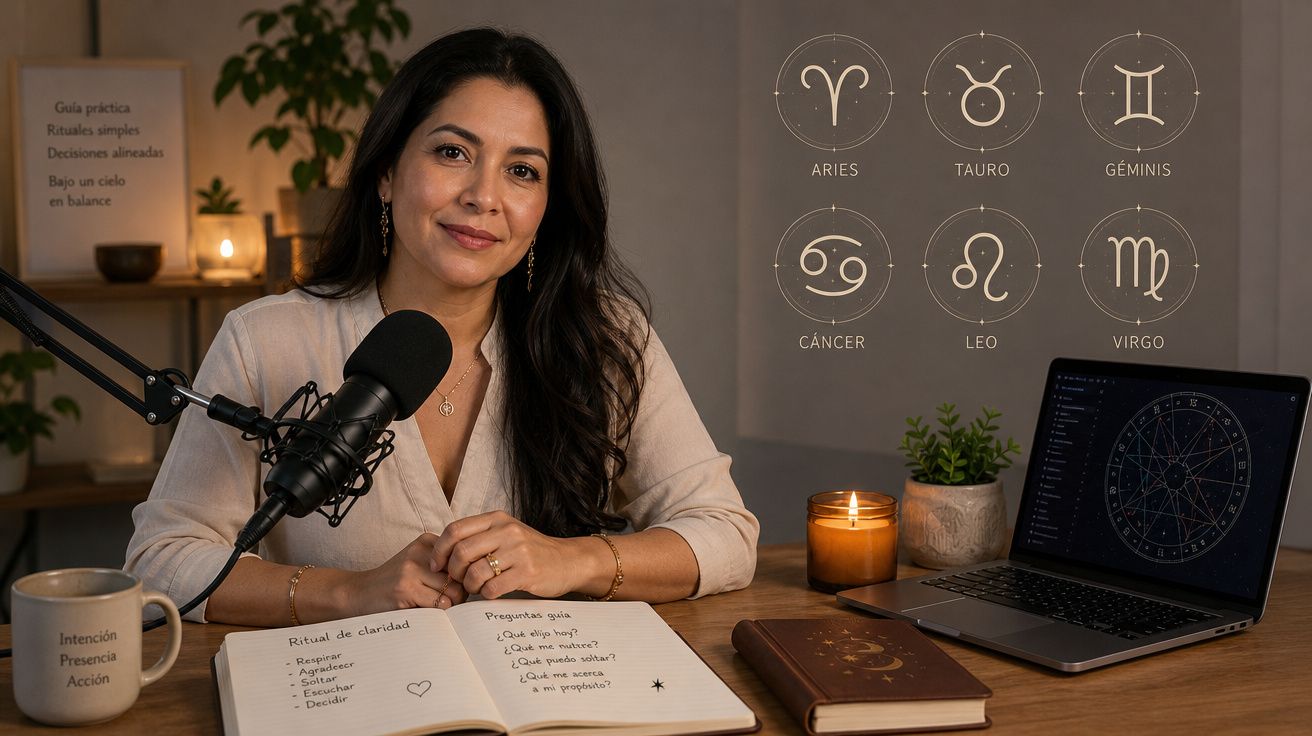 Mulher sentada em mesa com microfone, livros, vela e laptop exibindo signos do zodíaco iluminada contra parede cinza.