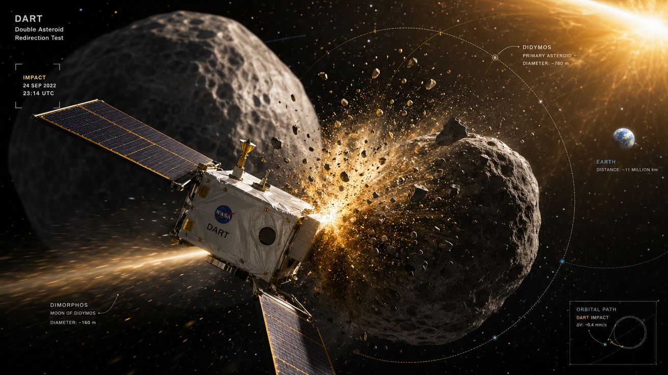 Nave espacial DART colidindo com asteroide Dimorphos para teste de desvio em missão da NASA.