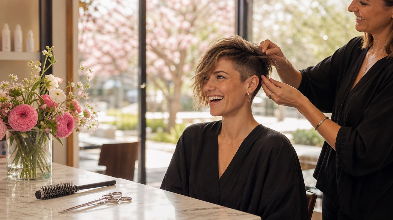 Mulher sorridente recebendo penteado em salão de beleza com flores e utensílios na mesa.