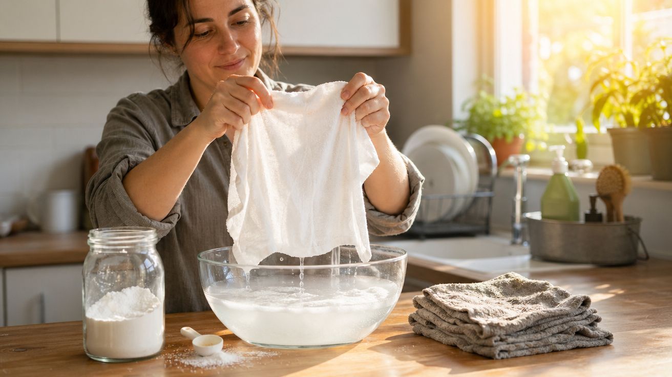Mulher lavando um pano branco em uma tigela com água em cozinha iluminada pelo sol.
