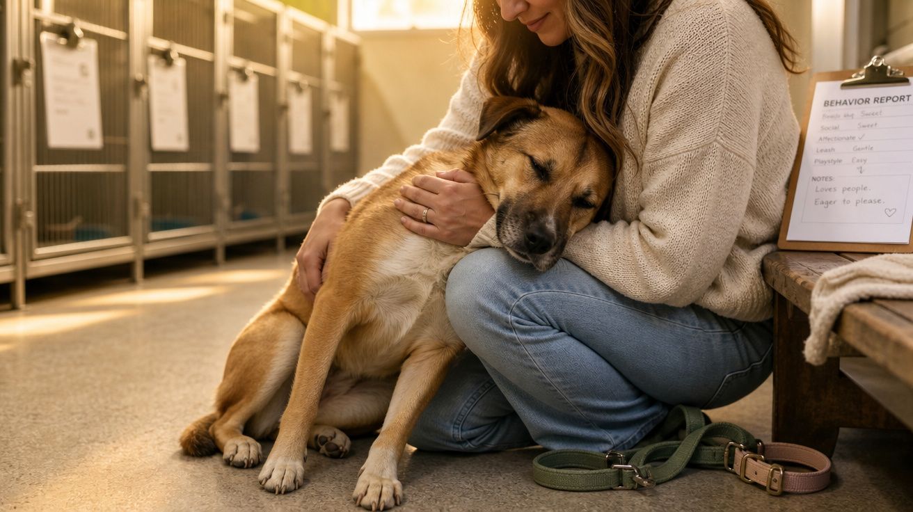 Mulher abraça carinhosamente cachorro em abrigo animal, ambos sentados no chão ao lado de gaiolas.