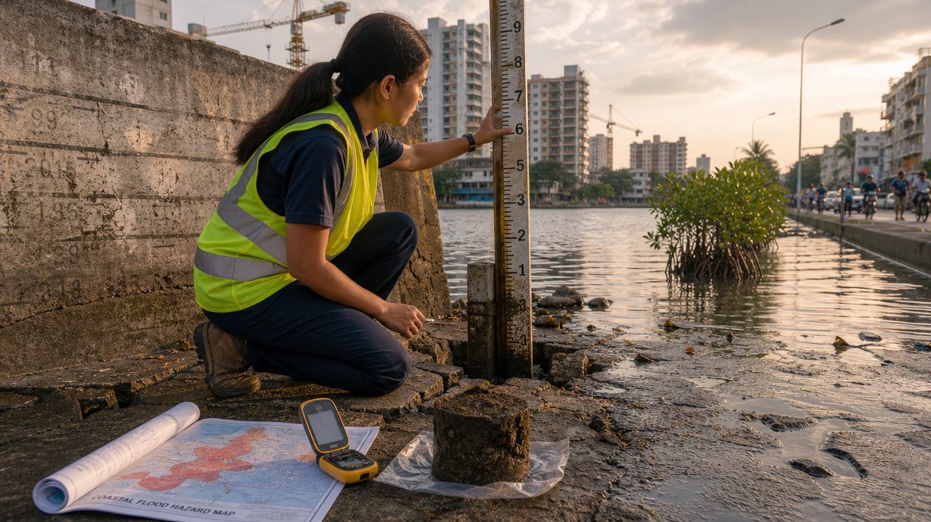 Mulher com colete refletivo mede nível de água perto de rio em área urbana com mapas e equipamentos no chão.