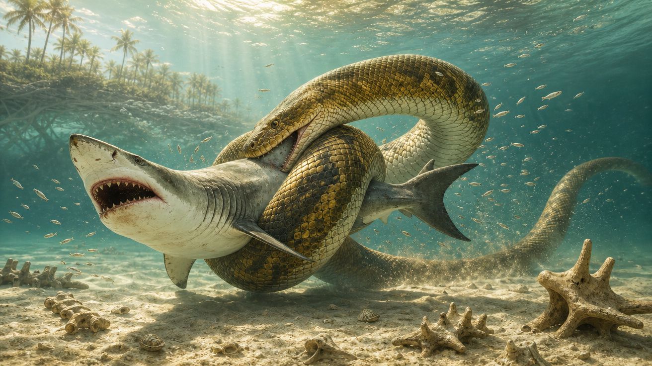 Serpente marinha gigante enrolada em tubarão no fundo do mar com conchas e peixes ao redor.