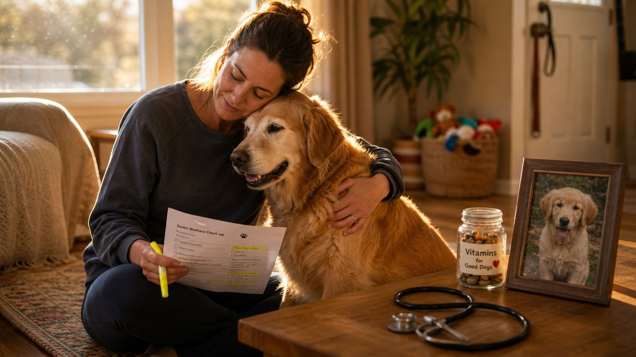 Mulher abraçando cão dourado e segurando papel com lista, mesa ao lado com frasco e foto do cachorro.