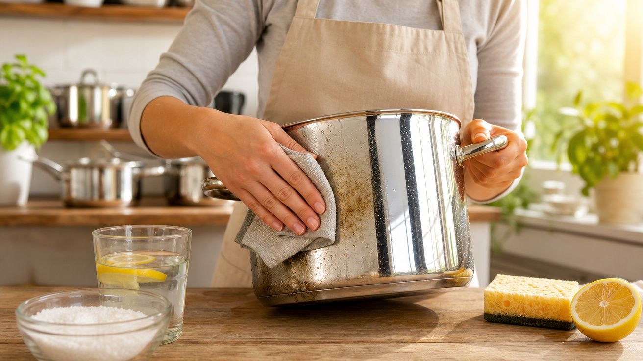 Pessoa limpando panela de inox na cozinha com pano, limão e sal na bancada de madeira.