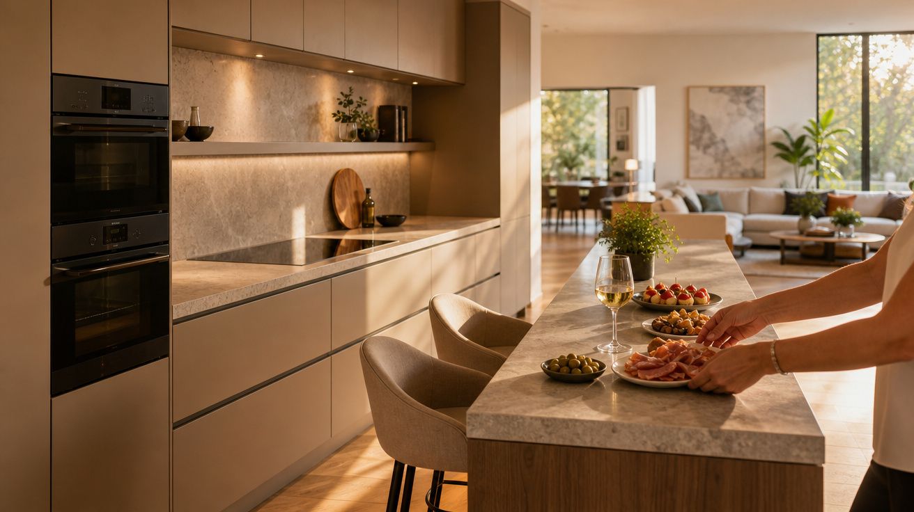 Cozinha moderna com bancada de mármore, petiscos, taça de vinho e pessoa organizando pratos.