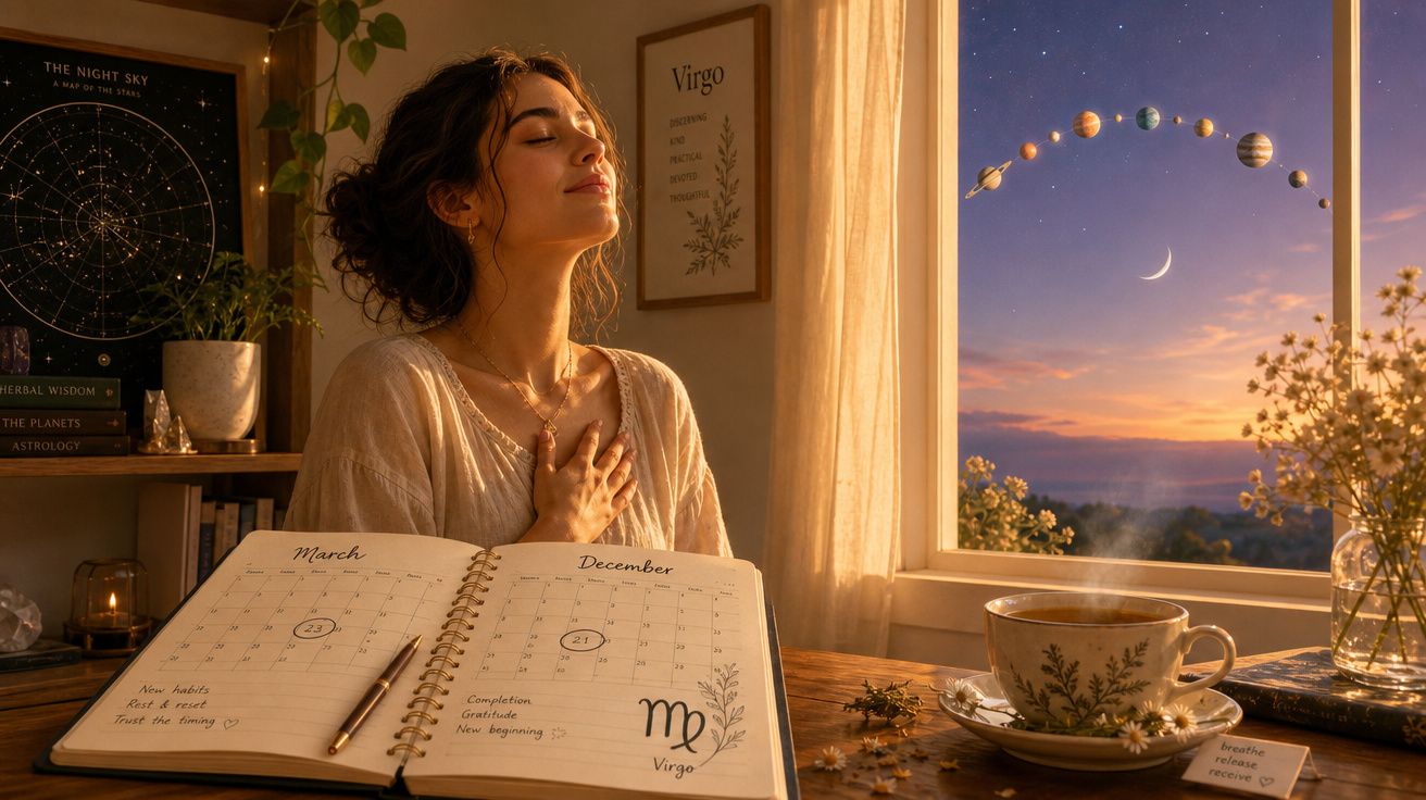 Mulher meditando com livro aberto sobre signos, xícara de chá e planetas alinhados no céu ao pôr do sol.