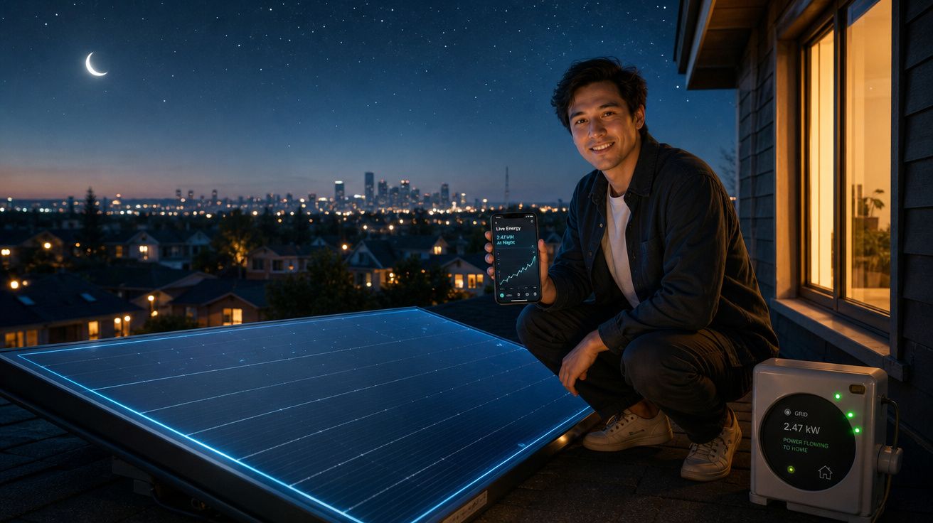 Homem sorrindo segura celular com dados e verifica painel solar e medidor de energia à noite no telhado.