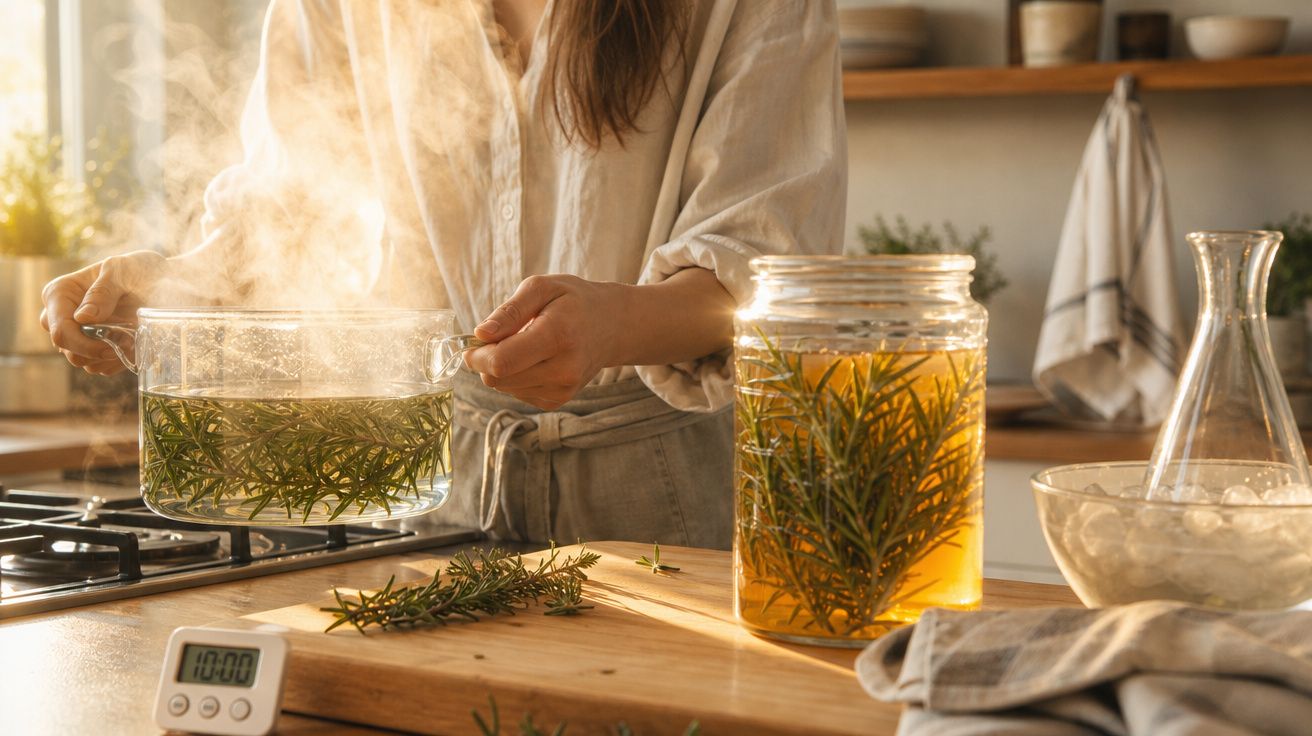 Pessoa fervendo alecrim em panela transparente na cozinha com infusão pronta em jarra ao lado.