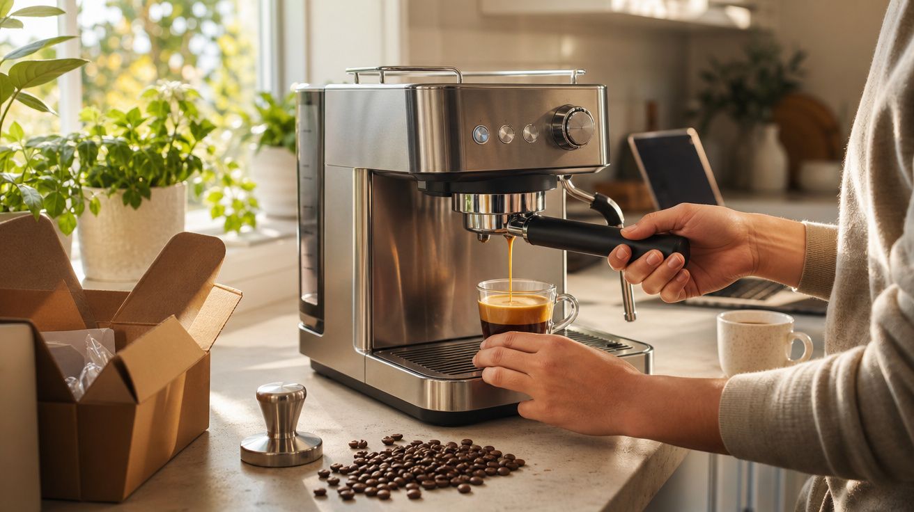 Pessoa preparando café expresso em máquina de café inox, ao lado de grãos e acessórios na bancada da cozinha.